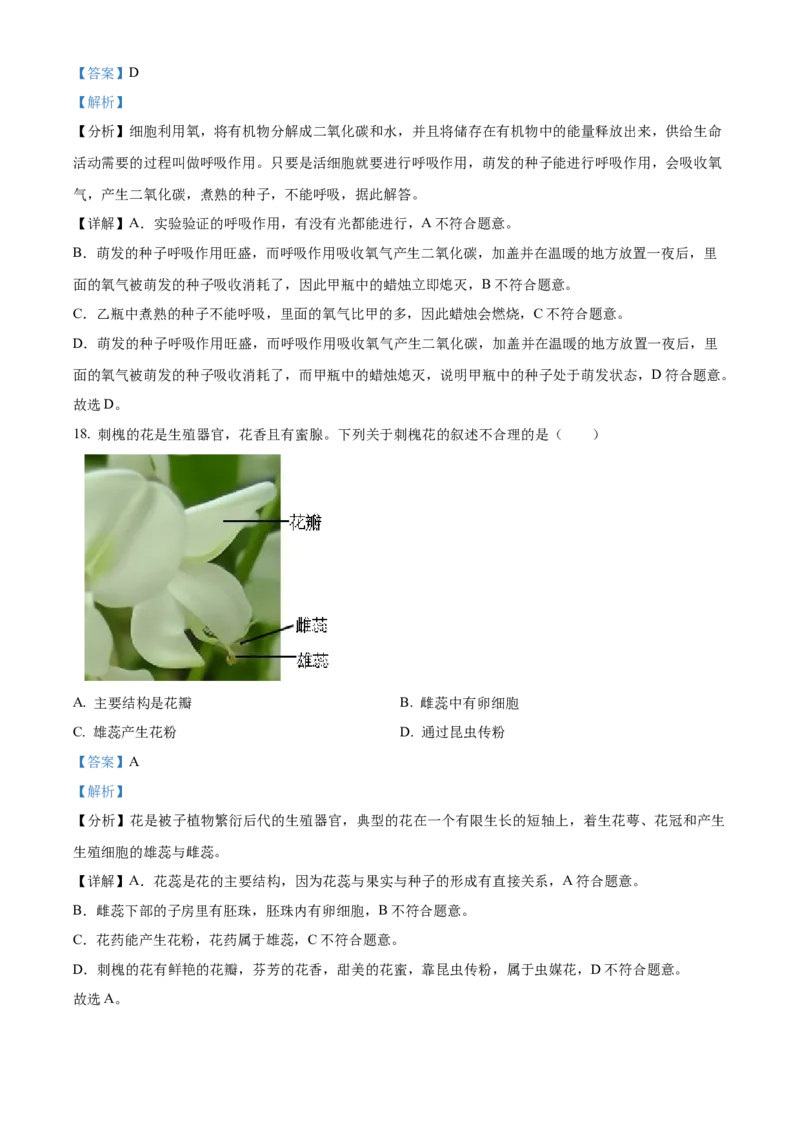 精品解析：北京市第二中学教育集团2022-2023学年七年级上学期期末生物试题（解析版）(1)_北京初中期末题_C605-京七八九_B京生物七八九_北京7上生物_2022-2024_北京生物7上期末