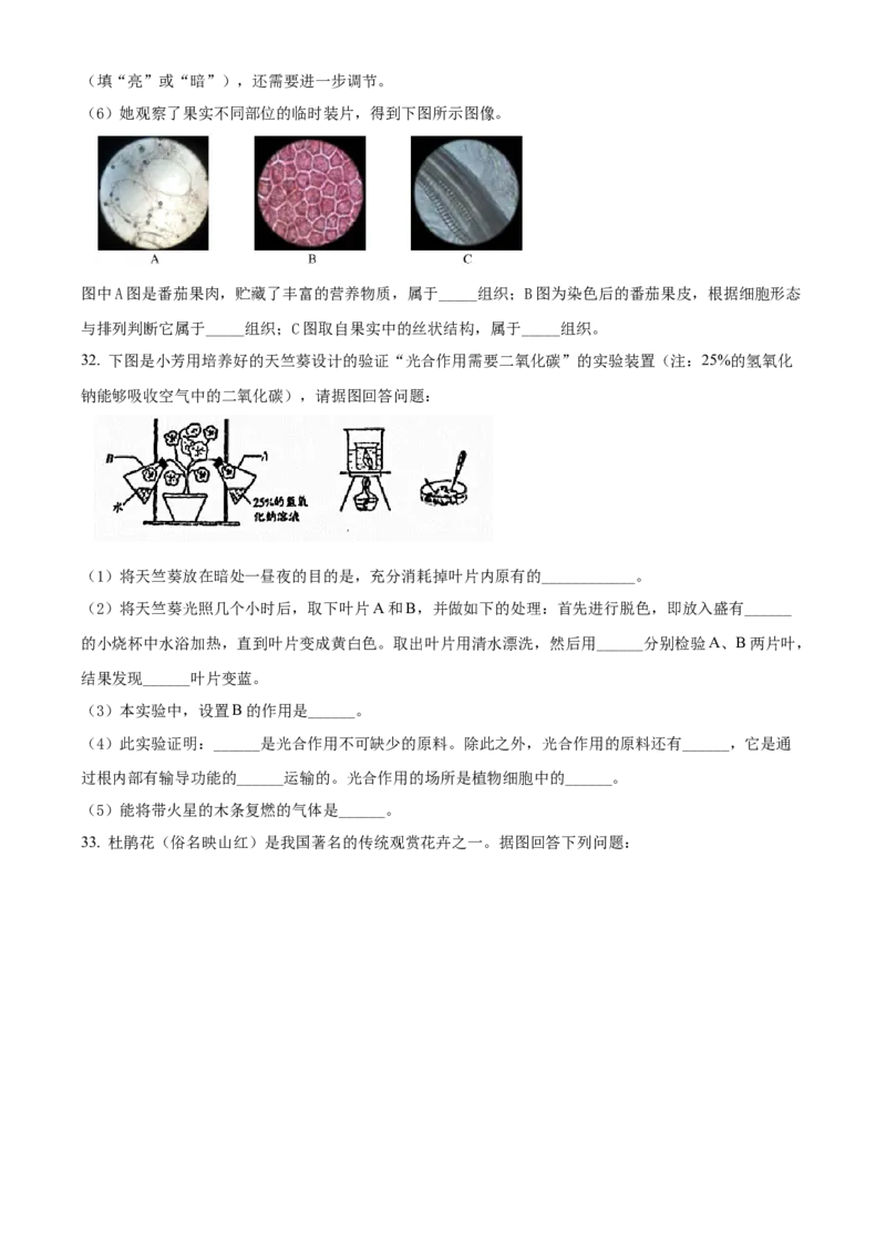 精品解析：北京市门头沟区2021-2022学年七年级上学期期末生物试题（原卷版）(1)_北京初中期末题_C605-京七八九_B京生物七八九_北京7上生物_2021-2022
