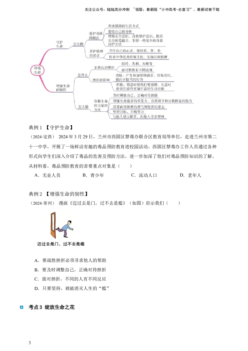 专题四生命的思考（含解析）--2025年中考道法一轮复习学案_02中考总复习（2026版更新中）_07-道法-中考总复习_2025中考复习资料_2025年道德与法治中考一轮复习学案