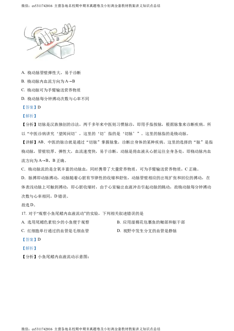 精品解析：北京市第二中学教育集团2022-2023学年七年级下学期期中生物试题（解析版）(1)_北京初中期末题_C605-京七八九_B京生物七八九_北京7下生物_2022-2024_北京生物7下期中