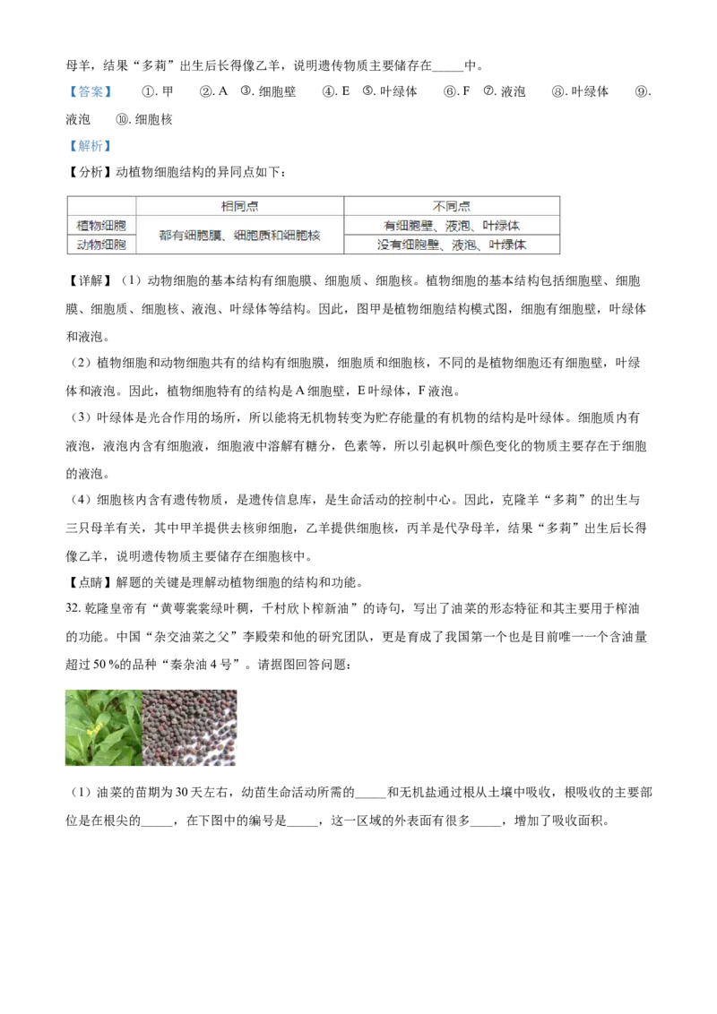 精品解析：北京市顺义区2019-2020学年七年级上学期期末生物试题（解析版）(1)_北京初中期末题_C605-京七八九_B京生物七八九_北京7上生物_2019-2020