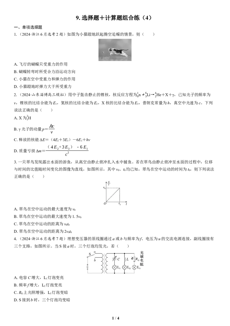 9.选择题＋计算题组合练（4）_4.2025物理总复习_2025年新高考资料_二轮复习_备考2025高考题型组合练讲义习题_学生版