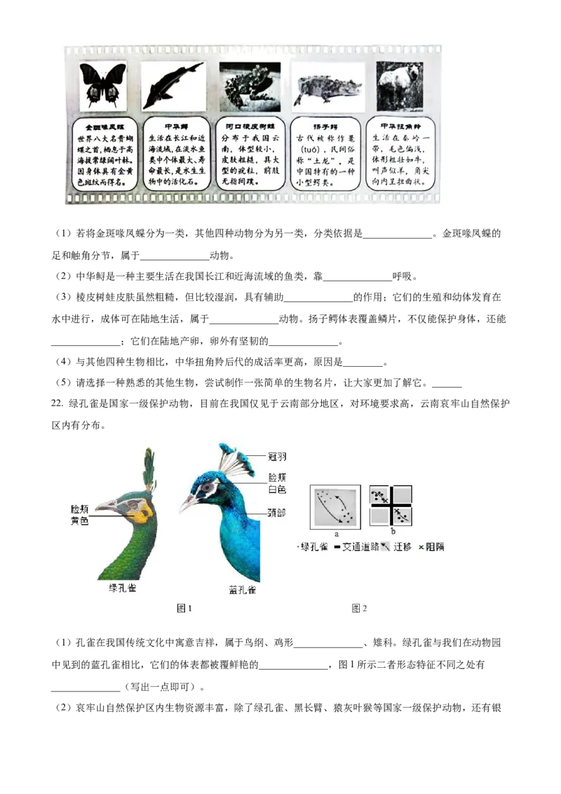 精品解析：北京市西城区2023-2024学年八年级上学期期末生物试题（原卷版）(1)_北京初中期末题_C605-京七八九_B京生物七八九_北京八上生物_2023-2024