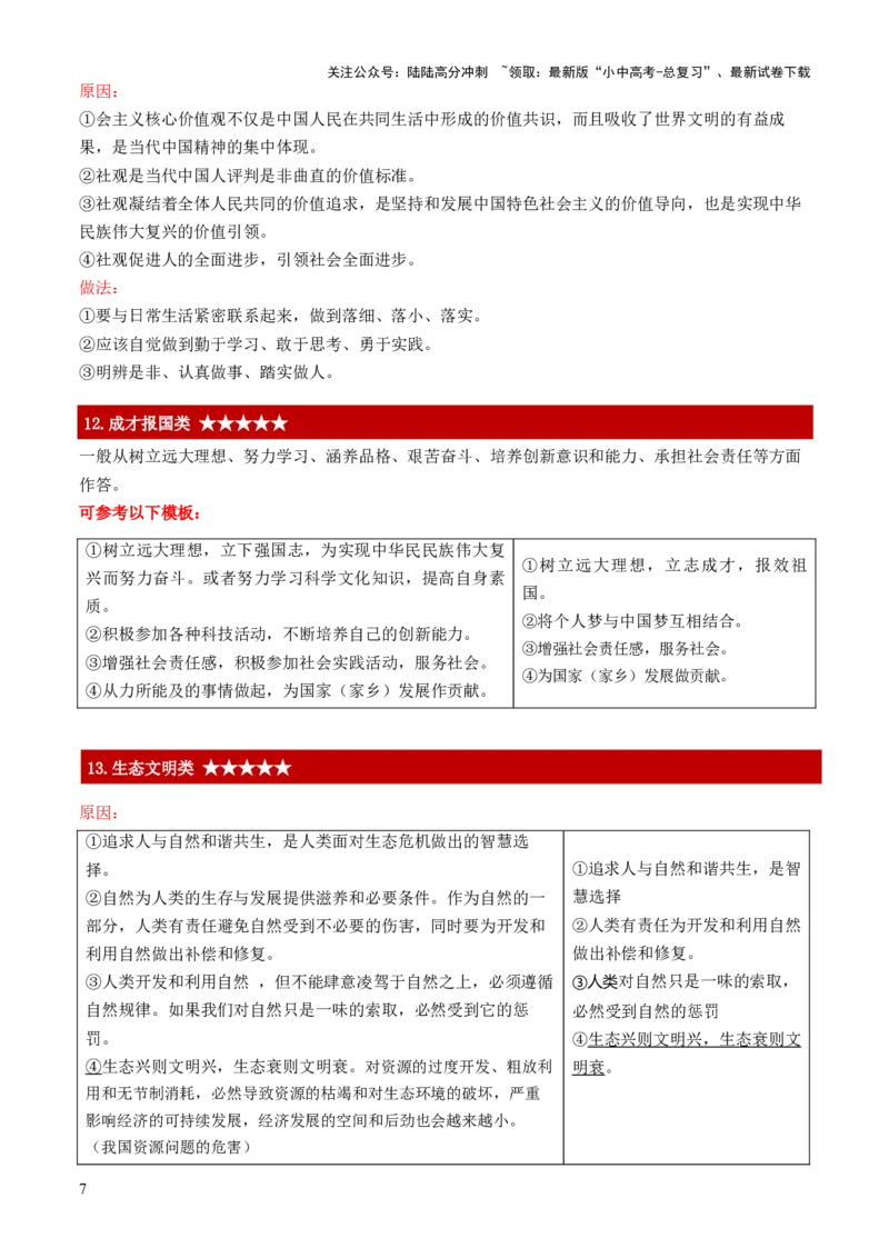 中考主观题（万能答题模板）红条繁+简&middot;重点知识归纳_02中考总复习（2026版更新中）_07-道法-中考总复习_2025中考复习资料_2025年中考道德与法治答题方法模板