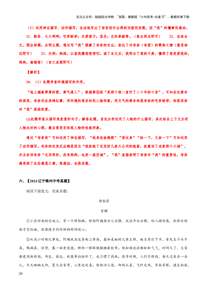 专题55文学类文本之环境描写（知识梳理+练习）(解析版）_02中考总复习（2026版更新中）_01-语文-中考总复习_2025年中考资料_备战2025年中考语文一轮复习考点突破（全国通用）
