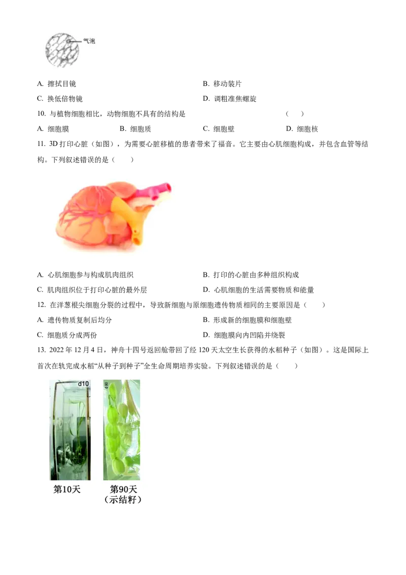 精品解析：北京市海淀区2022-2023学年七年级上学期期末生物试题（原卷版）(1)_北京初中期末题_C605-京七八九_B京生物七八九_北京7上生物_2022-2024_北京生物7上期末