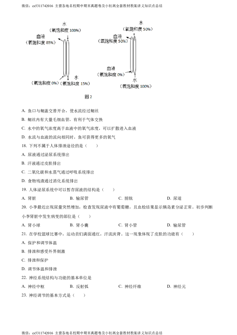 精品解析：北京市朝阳区2022-2023学年七年级下学期期末生物试题（原卷版）(1)_北京初中期末题_C605-京七八九_B京生物七八九_北京7下生物_2022-2024_北京生物7下期末