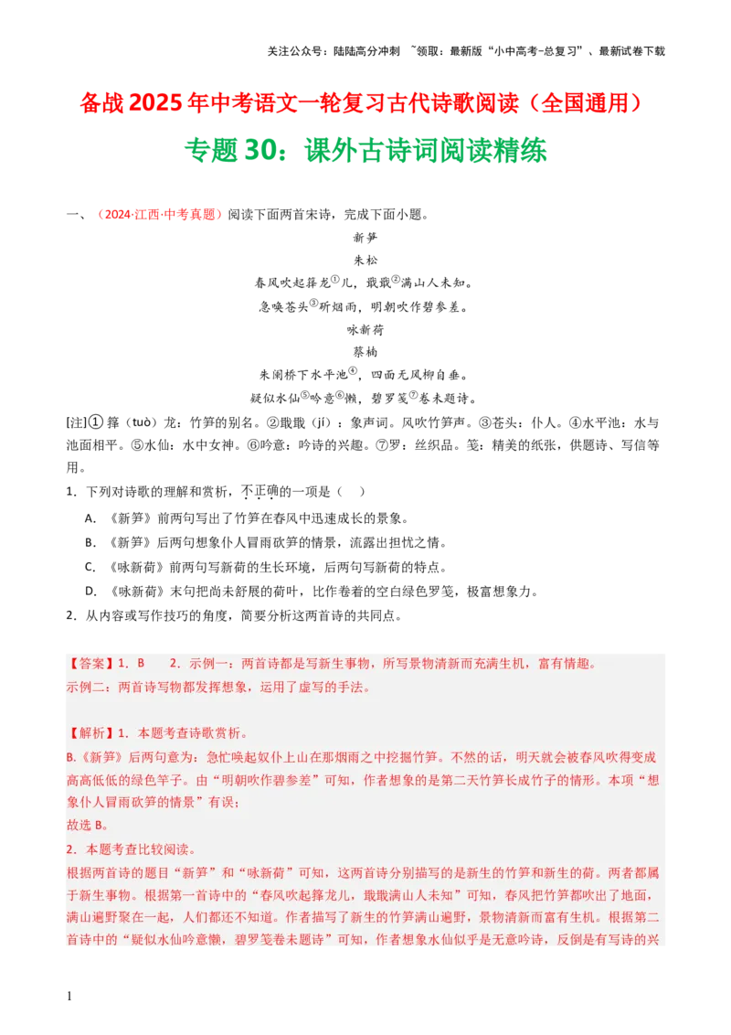 专题30：课外古诗词阅读精练-备战2025年中考语文一轮复习古代诗歌阅读（全国通用）解析版_02中考总复习（2026版更新中）_01-语文-中考总复习_2025年中考资料_中考文言文专项