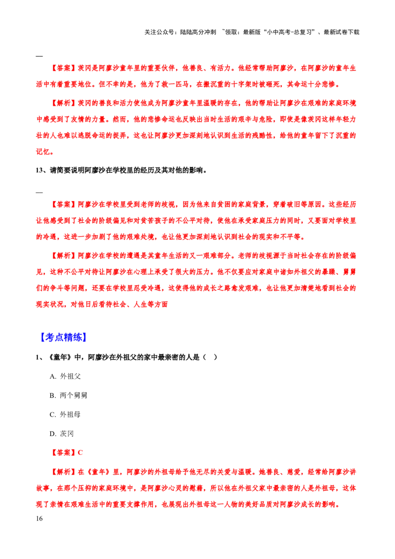 专题28《童年》（知识梳理+练习）(原卷版）_02中考总复习（2026版更新中）_01-语文-中考总复习_2025年中考资料_备战2025年中考语文一轮复习考点突破（全国通用）