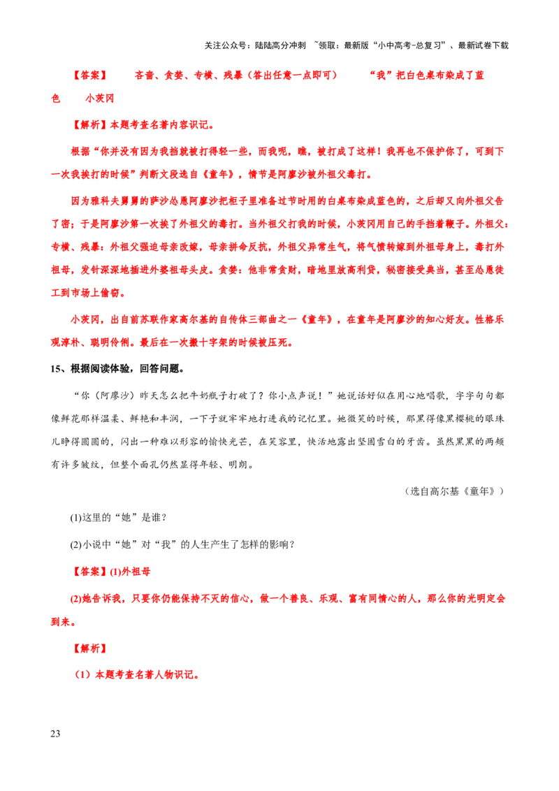 专题28《童年》（知识梳理+练习）(原卷版）_02中考总复习（2026版更新中）_01-语文-中考总复习_2025年中考资料_备战2025年中考语文一轮复习考点突破（全国通用）