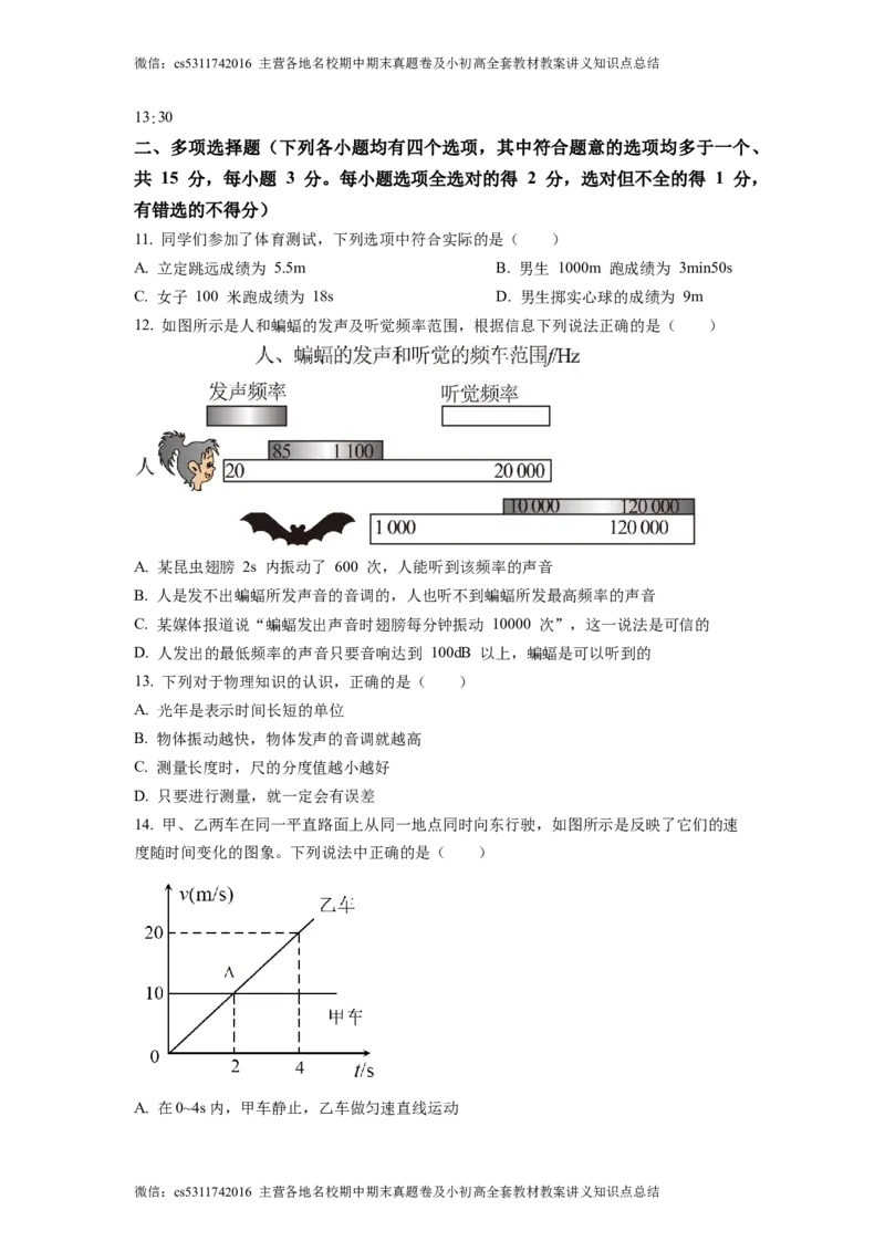 精品解析：北京市陈经纶中学分校2022-2023学年八年级物理学科9月学习监测题（原卷版）(1)_北京初中期末题_C605-京七八九_B京物理八九_物理_八年级上学期物理_2023-2024_北京物理8上月考
