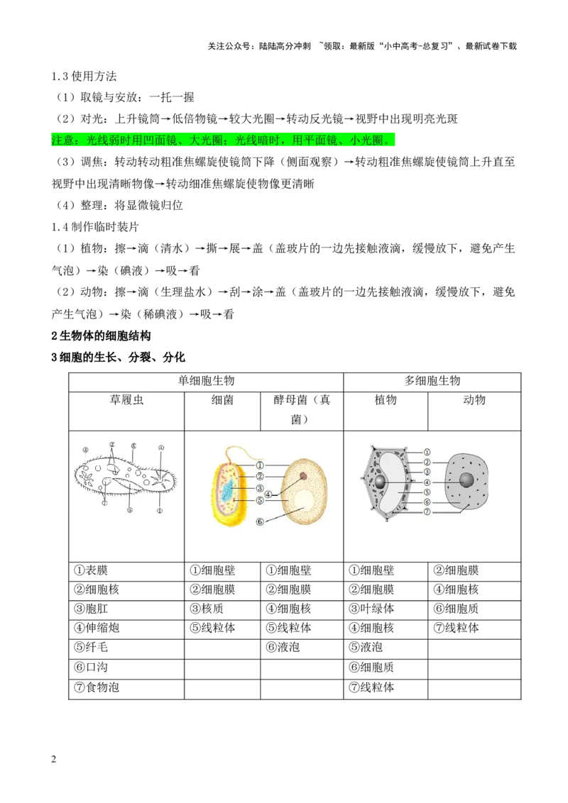 专题一生物体的结构层次（原卷版）_02中考总复习（2026版更新中）_08-生物-中考总复习_2024年中考复习资料_三轮复习_查漏补缺2024年中考生物复习冲刺过关（全国通用）