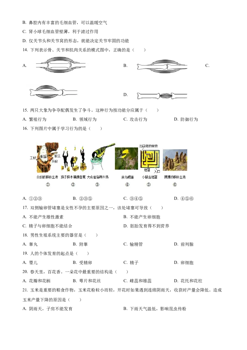 精品解析：北京市通州区2022-2023学年八年级上学期期中生物试题（原卷版）(1)_北京初中期末题_C605-京七八九_B京生物七八九_北京八上生物_2022-2023