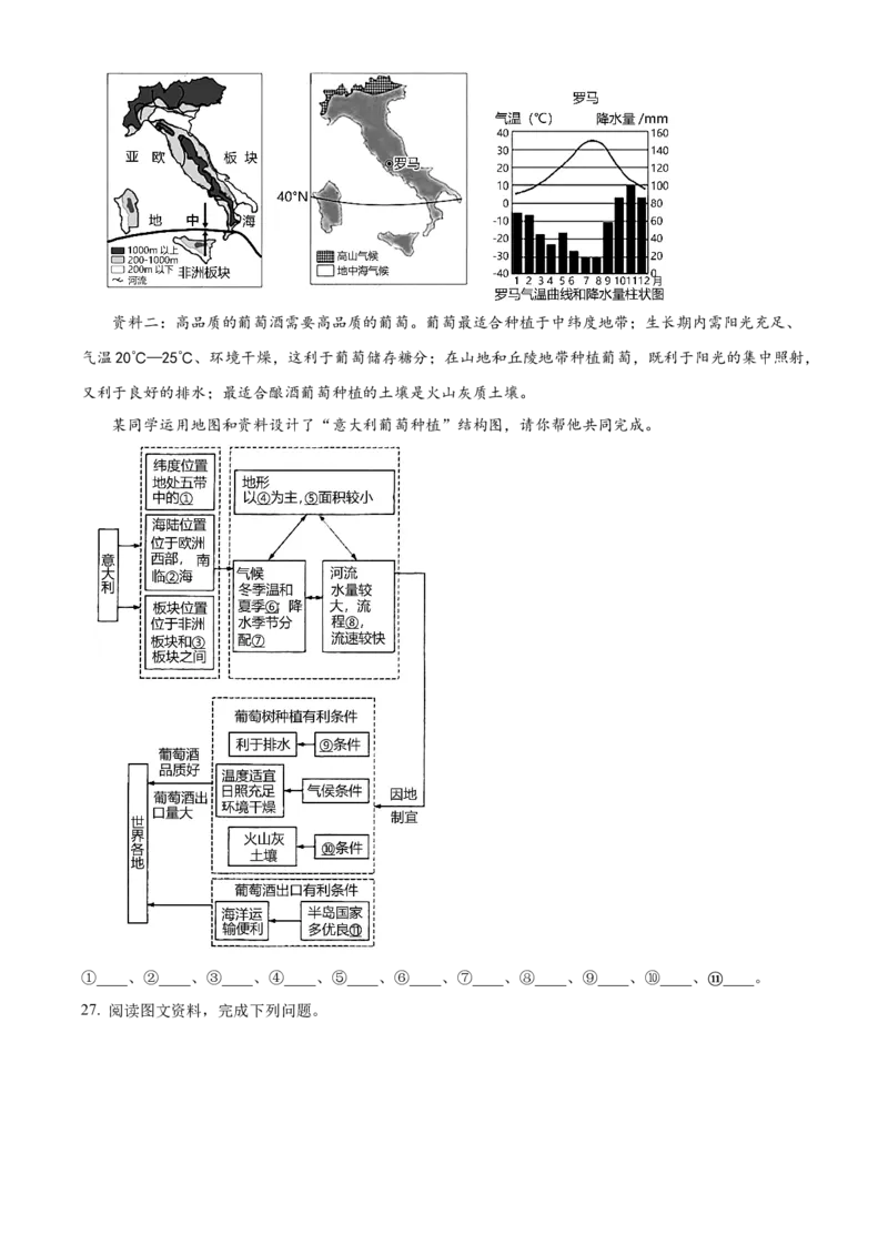 精品解析：北京市第二中学教育集团2022-2023学年八年级下学期期中地理试题（原卷版）(1)_北京初中期末题_C605-京七八九_B京地理七八九_地理_北京八下地理