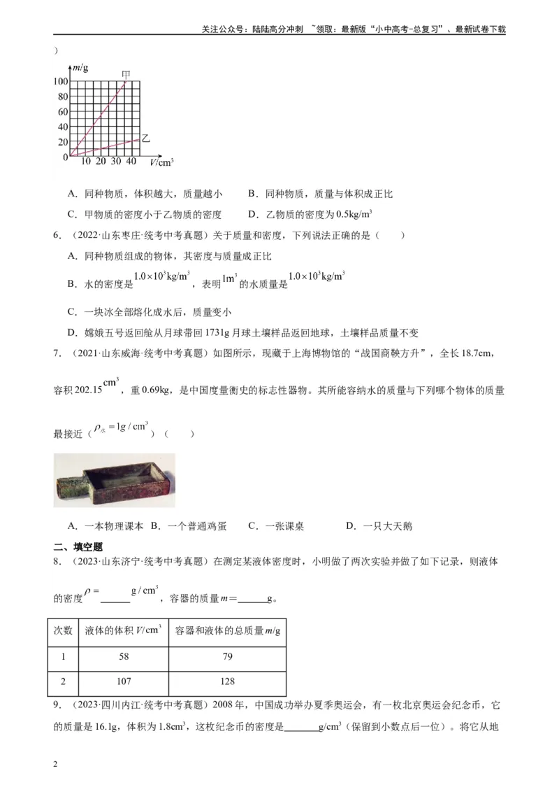 专题6质量和密度6.2密度（学生版）_02中考总复习（2026版更新中）_04-物理-中考总复习_2024年中考复习资料_专项复习资料_完三年（2021&mdash;2023）中考真题分项精编（全国通用）