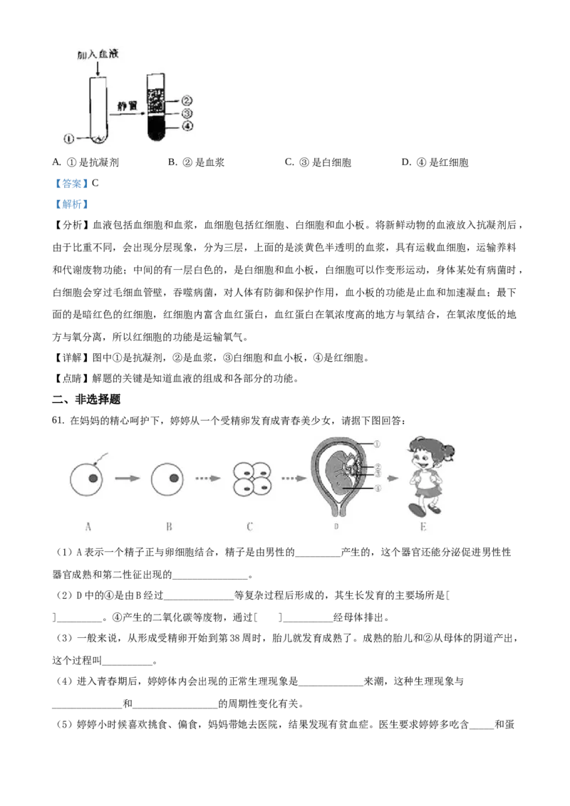 精品解析：北京市海淀区2020-2021学年七年级下学期期中生物试题（解析版）(1)_北京初中期末题_C605-京七八九_B京生物七八九_北京7下生物_2020-2021