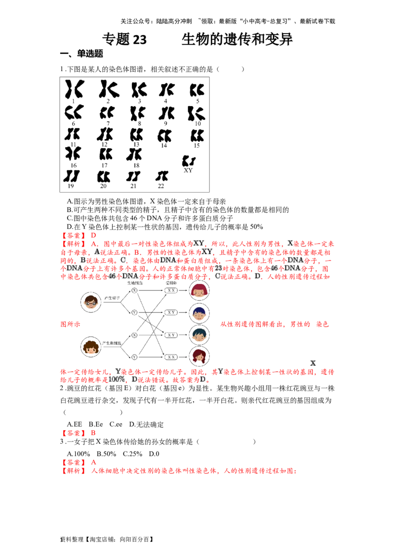 专题23生物的遗传和变异（解析版）_02中考总复习（2026版更新中）_08-生物-中考总复习_2024年中考复习资料_一轮复习_配套练习_教师版（含答案解析）