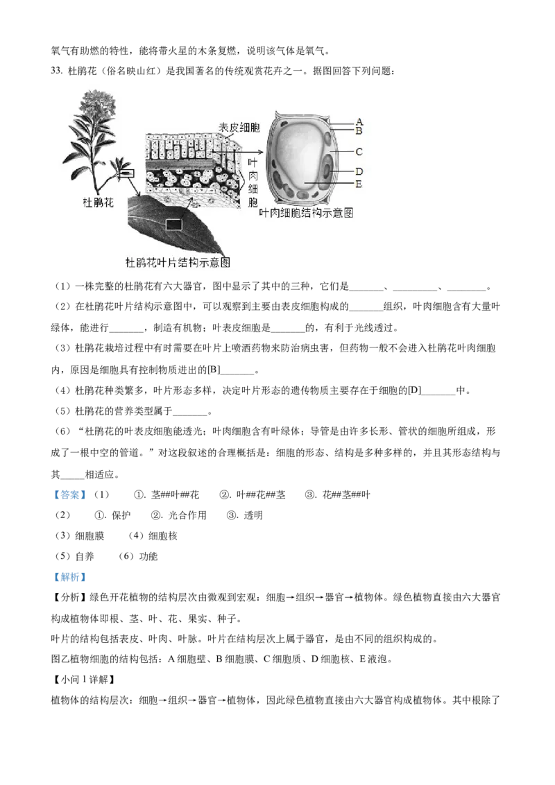 精品解析：北京市门头沟区2021-2022学年七年级上学期期末生物试题（解析版）(1)_北京初中期末题_C605-京七八九_B京生物七八九_北京7上生物_2021-2022