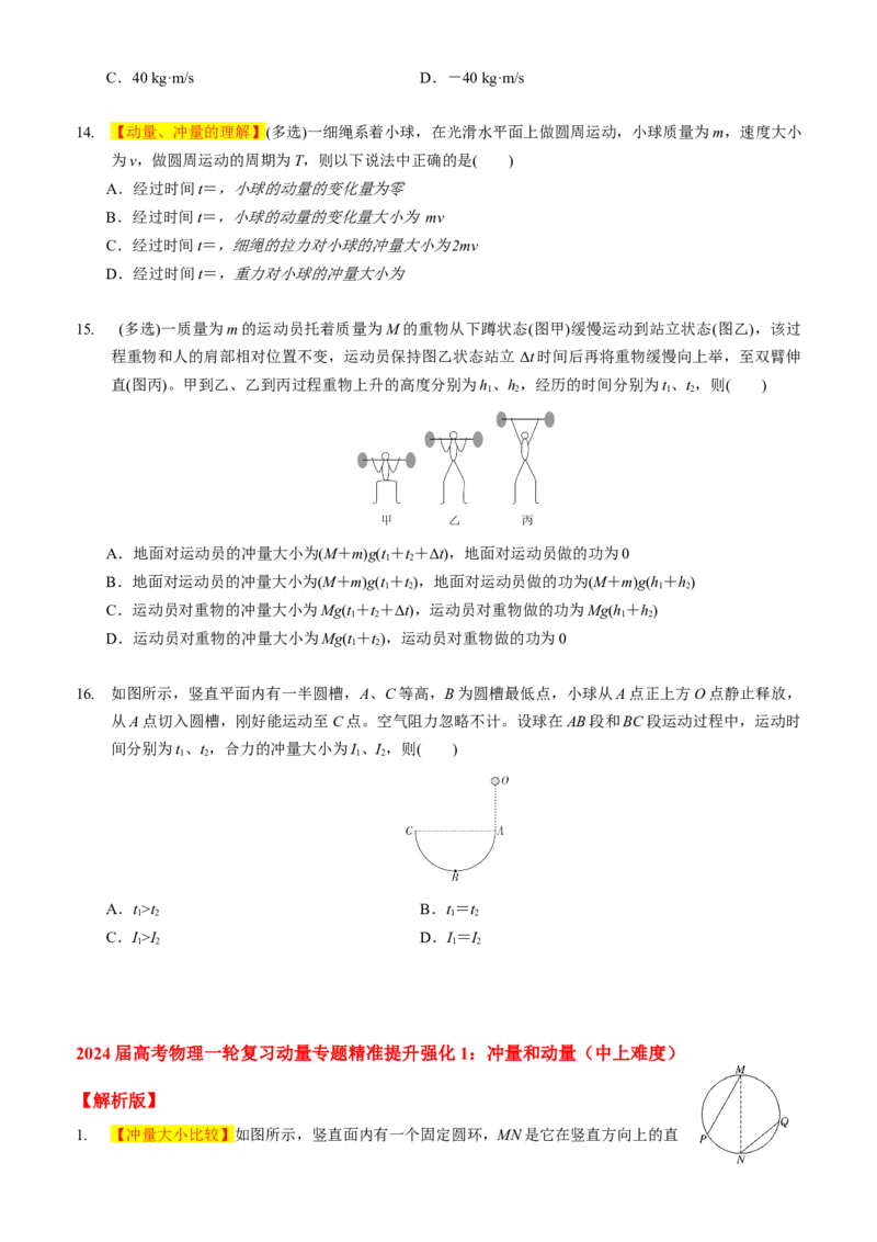 2024届高考物理一轮复习动量专题精准提升强化1：冲量和动量（中上难度）_4.2025物理总复习_2024年新高考资料_3.2024专项复习_2024届高考物理一轮复习动量专题精准提升强化