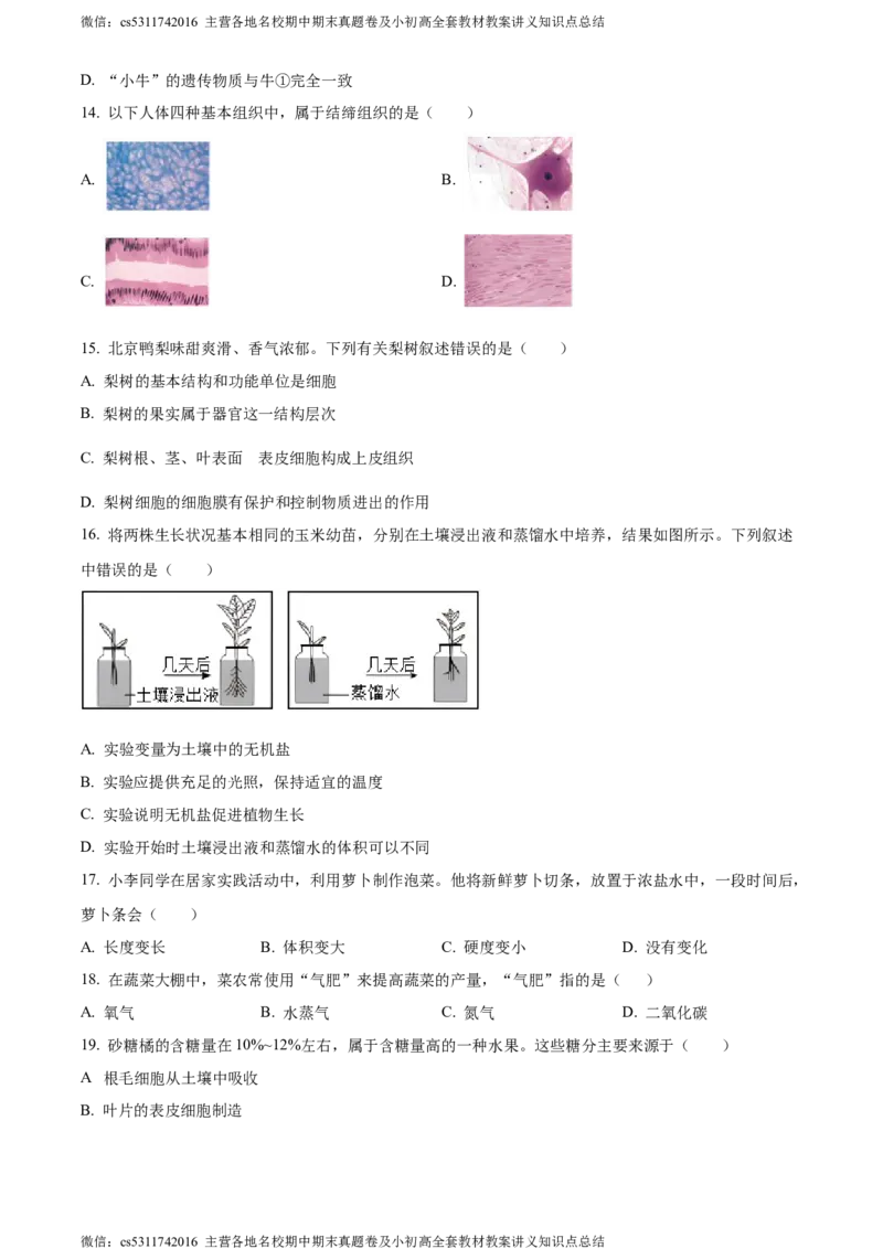 精品解析：北京市朝阳区2023-2024学年七年级上学期期末生物试题（原卷版）(1)_北京初中期末题_C605-京七八九_B京生物七八九_北京7上生物_2022-2024_北京生物7上期末