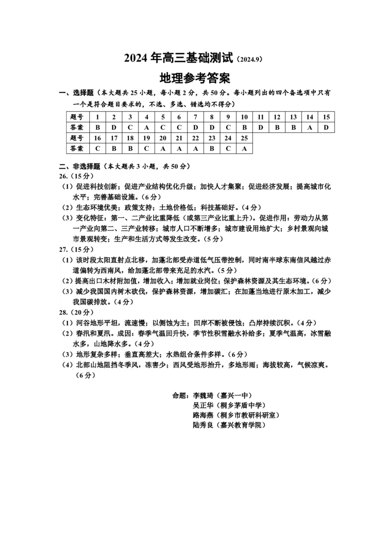 浙江省嘉兴市2024-2025学年高三上学期9月基础测试地理试题答案_A1502026各地模拟卷（超值！）_9月_240920浙江省嘉兴市2024-2025学年高三上学期9月基础测试