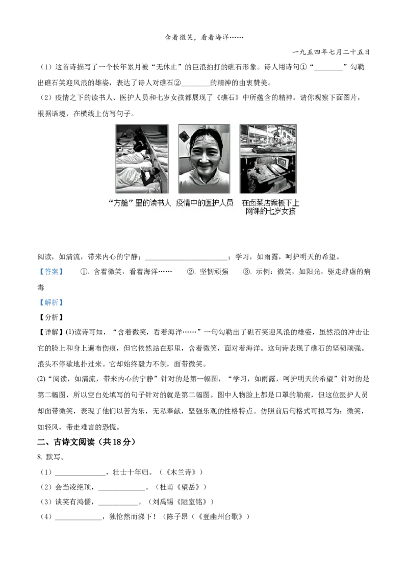 精品解析：北京市朝阳区2019-2020学年七年级下学期期末语文试题（解析版）(1)_北京初中期末题_C605-京七八九_B语文七八九_北京语文七下_2019-2020