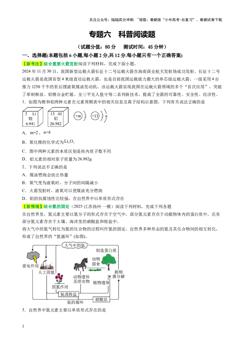 专题六科普阅读题（测试）（原卷版）_02中考总复习（2026版更新中）_05-化学-中考总复习_2025年中考复习资料_2025中考二轮课件ppt+讲义+练习化学_测试