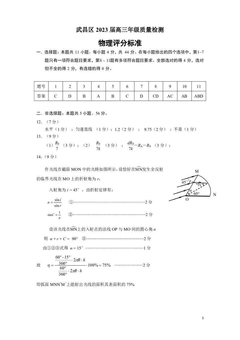 2023届武昌区元调物理参考答案_4.2025物理总复习_2023年新高复习资料_3物理高考模拟题_新高考_湖北省武汉市武昌区2023届高三元月调考卷物理