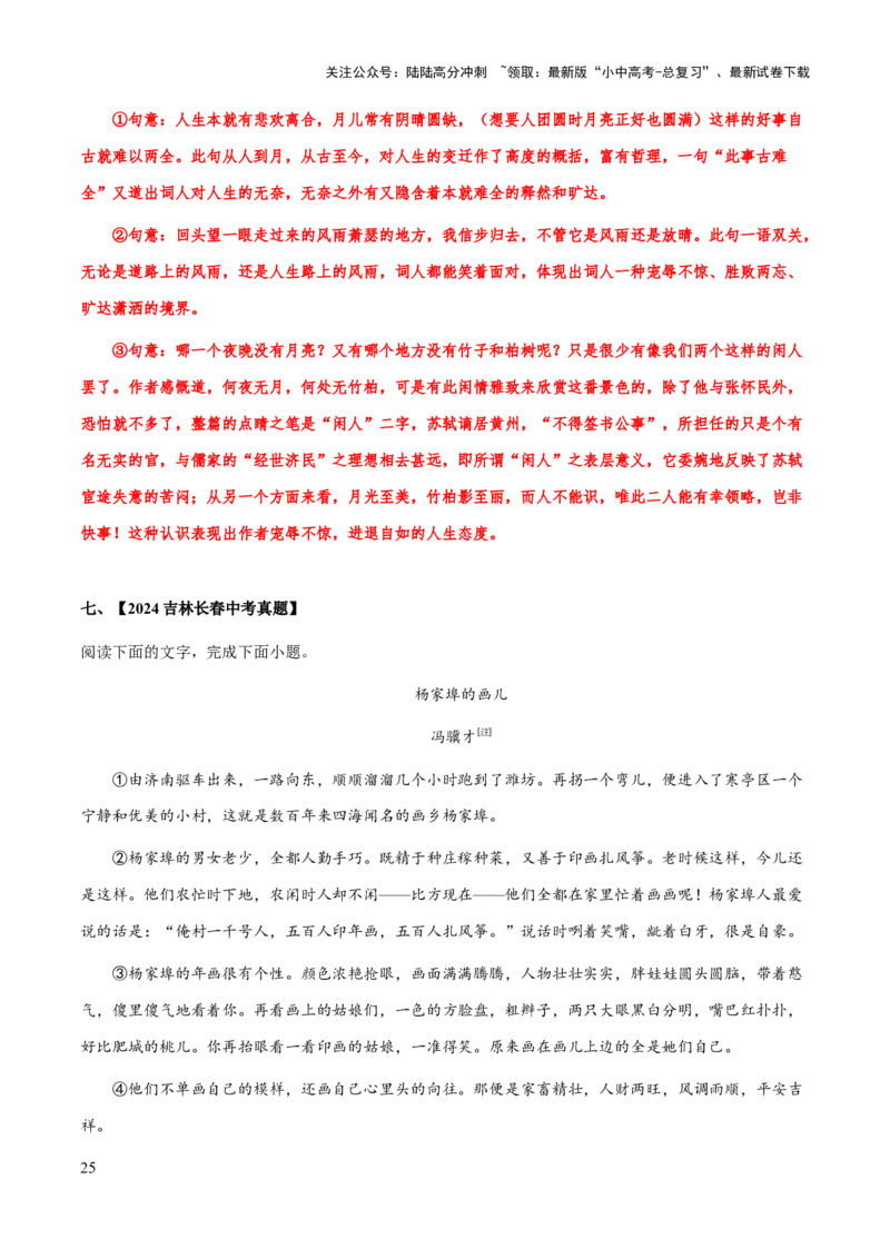 专题56文学类文本之人物（人物描写手法、人物形象、次要人物）（知识梳理+练习）(解析版）_02中考总复习（2026版更新中）_01-语文-中考总复习_2025年中考资料