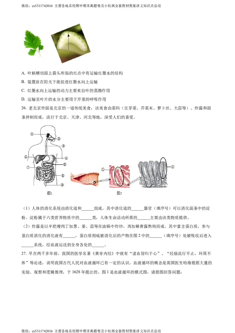精品解析：北京市通州区2022-2023学年七年级下学期期中生物试题（原卷版）(1)_北京初中期末题_C605-京七八九_B京生物七八九_北京7下生物_2022-2024_北京生物7下期中