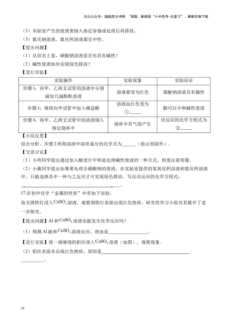 专题七实验探究题2025届中考化学二轮专题达标训练（含答案）_02中考总复习（2026版更新中）_05-化学-中考总复习_2025年中考复习资料_2025届中考化学二轮专题达标训练（含答案）