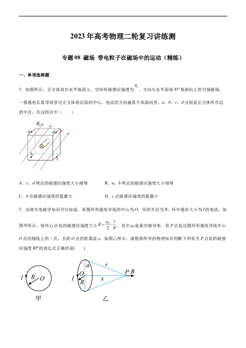 专题08磁场带电粒子在磁场中的运动（精练）（原卷版）_4.2025物理总复习_赠品通用版（老高考）复习资料_二轮复习_2023年高考物理二轮复习讲练测（全国通用）