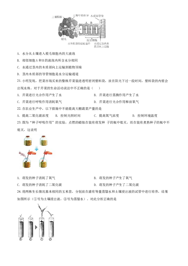 精品解析：北京市通州区2019-2020学年七年级上学期期末生物试题（原卷版）(1)_北京初中期末题_C605-京七八九_B京生物七八九_北京7上生物_2019-2020