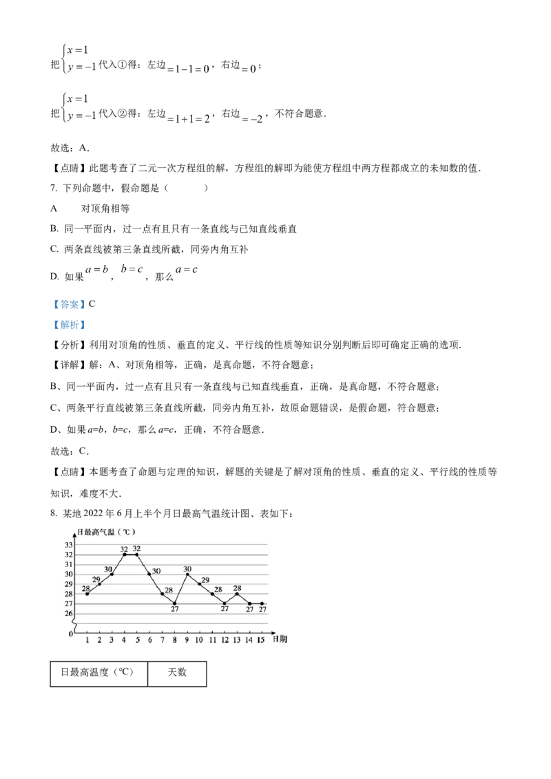 精品解析：北京市顺义区2021-2022学年七年级下学期期末数学试题（解析版）(1)_北京初中期末题_C605-京七八九_B京市数学七八九_北京7下数学_2021-2022