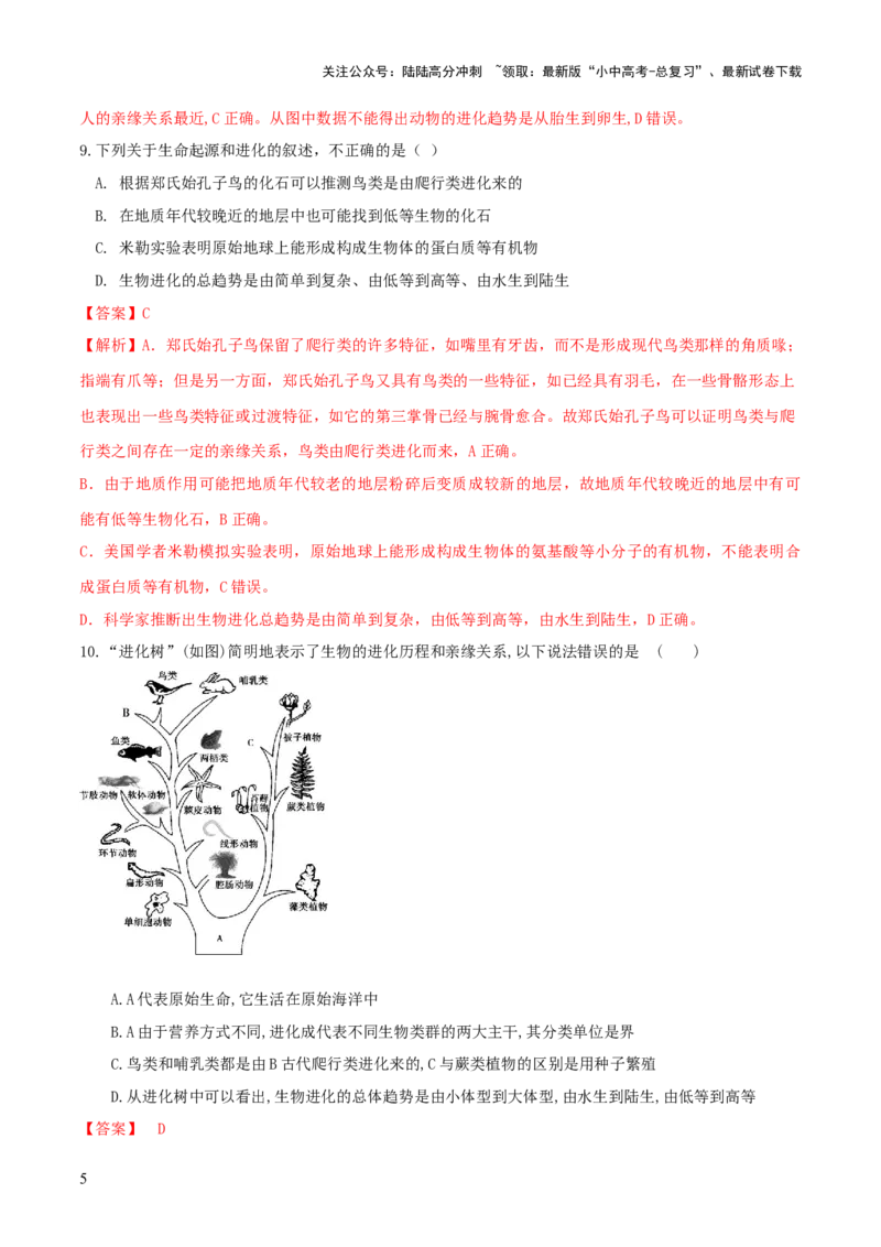 专题22生命的起源和生物的进化（练习）（解析版）_02中考总复习（2026版更新中）_08-生物-中考总复习_2024年中考复习资料_一轮复习_❤2024年中考生物一轮复习讲练测（全国通用）_练习