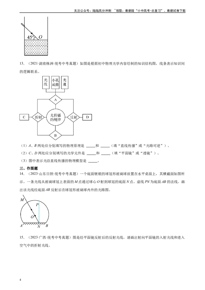 专题4光现象4.4光的折射（学生版）_02中考总复习（2026版更新中）_04-物理-中考总复习_2024年中考复习资料_专项复习资料_完三年（2021&mdash;2023）中考真题分项精编（全国通用）