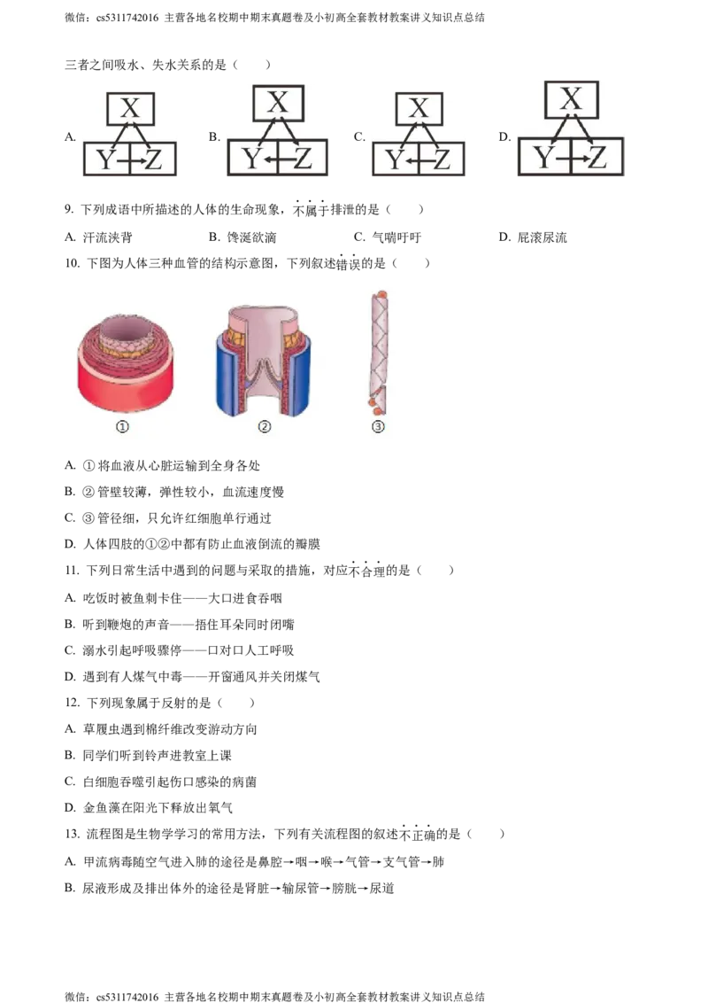 精品解析：北京市通州区2022-2023学年七年级下学期期末生物试题（原卷版）(1)_北京初中期末题_C605-京七八九_B京生物七八九_北京7下生物_2022-2024_北京生物7下期末
