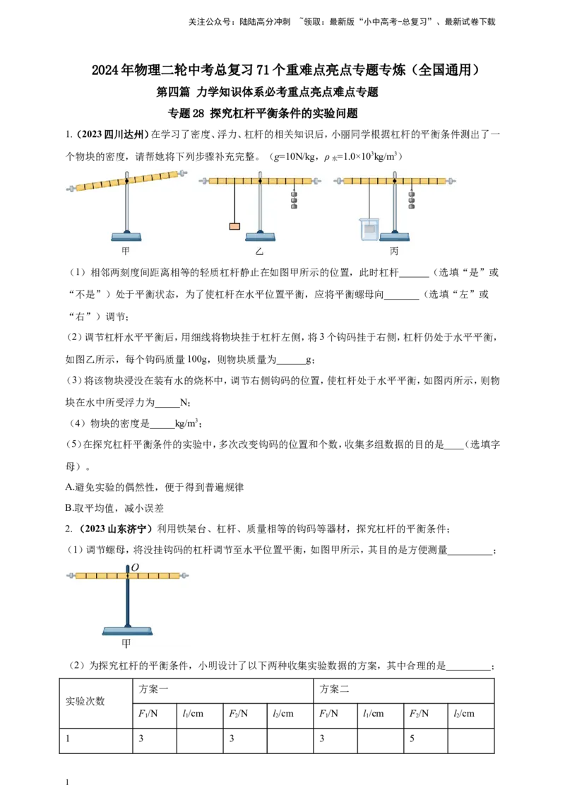 专题28探究杠杆平衡条件的实验问题（原卷版）_02中考总复习（2026版更新中）_04-物理-中考总复习_2024年中考复习资料_二轮复习