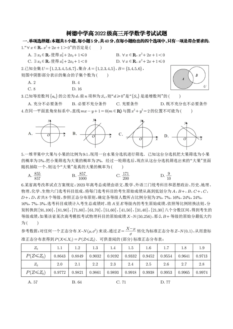 树德中学高2022级高三开学数学_A1502026各地模拟卷（超值！）_9月_240910四川省成都市树德中学2024-2025学年高三上学期开学考试