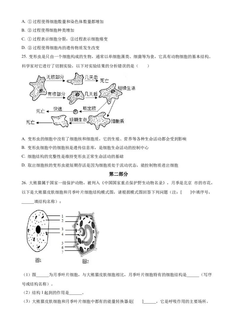 精品解析：北京市通州区2022-2023学年七年级上学期期中生物试题（原卷版）(1)_北京初中期末题_C605-京七八九_B京生物七八九_北京7上生物_2022-2024_北京生物7上期中_766