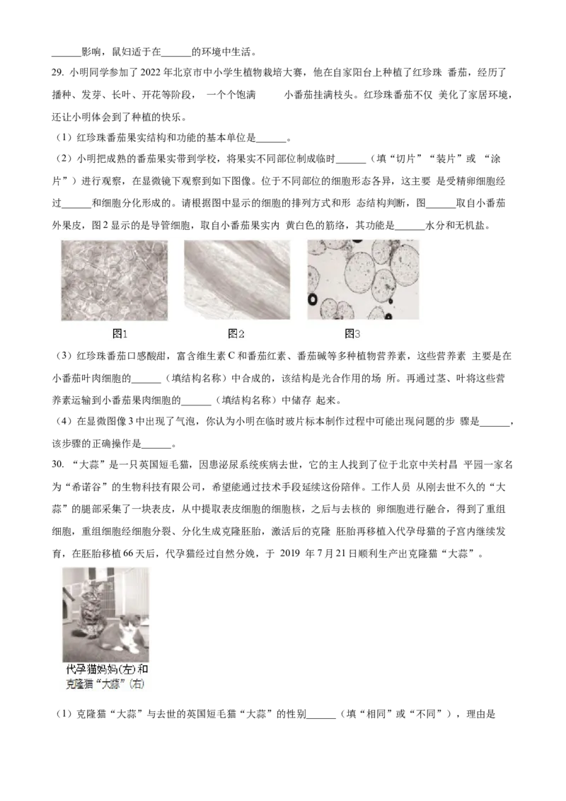 精品解析：北京市通州区2022-2023学年七年级上学期期中生物试题（原卷版）(1)_北京初中期末题_C605-京七八九_B京生物七八九_北京7上生物_2022-2024_北京生物7上期中_766