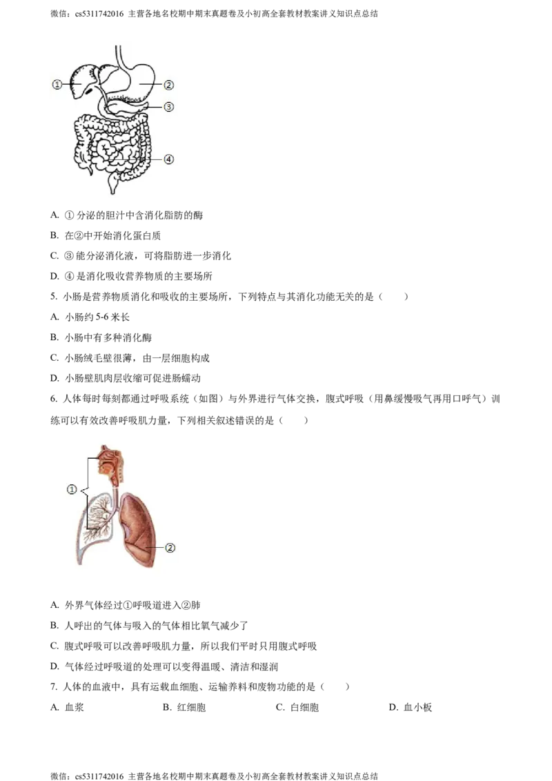 精品解析：北京市第二中学教育集团2022-2023学年七年级下学期期末生物试题（原卷版）(1)_北京初中期末题_C605-京七八九_B京生物七八九_北京7下生物_2022-2024_北京生物7下期末