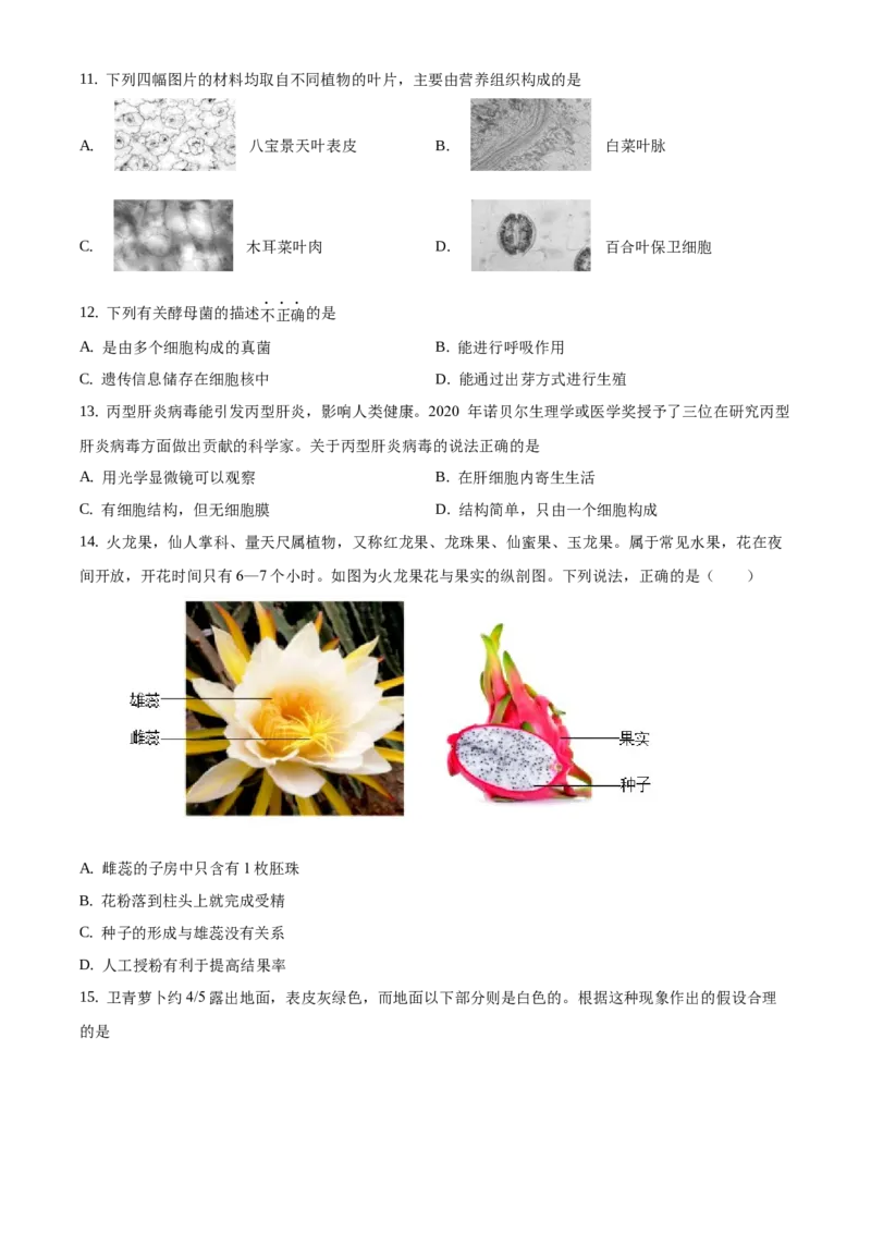 精品解析：北京市西城区2020-2021学年七年级上学期期末生物试题（原卷版）(1)_北京初中期末题_C605-京七八九_B京生物七八九_北京7上生物_2020-2021