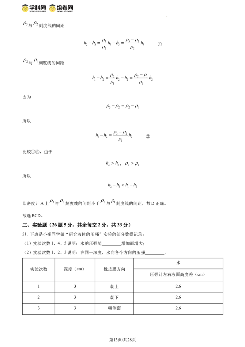 精品解析：北京市清华附中2023-2024学年八年级下学期物理（压强浮力）月考试卷（5月）（解析版）(1)_北京初中期末题_C605-京七八九_B京物理八九_物理_八年级下学期物理_2023-2024