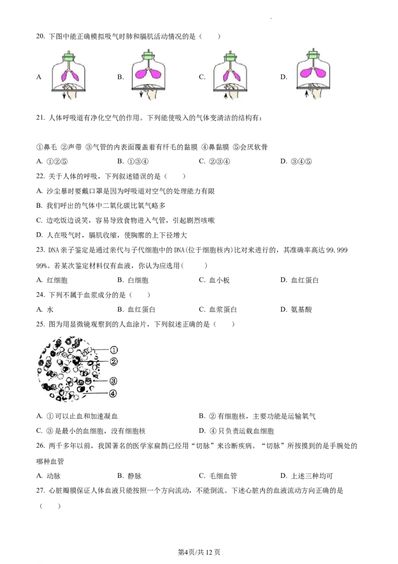 精品解析：北京市首都师范大学附属中学2021-2022学年七年级下学期期中生物试题（原卷版）(1)_北京初中期末题_C605-京七八九_B京生物七八九_北京7下生物_2021-2022