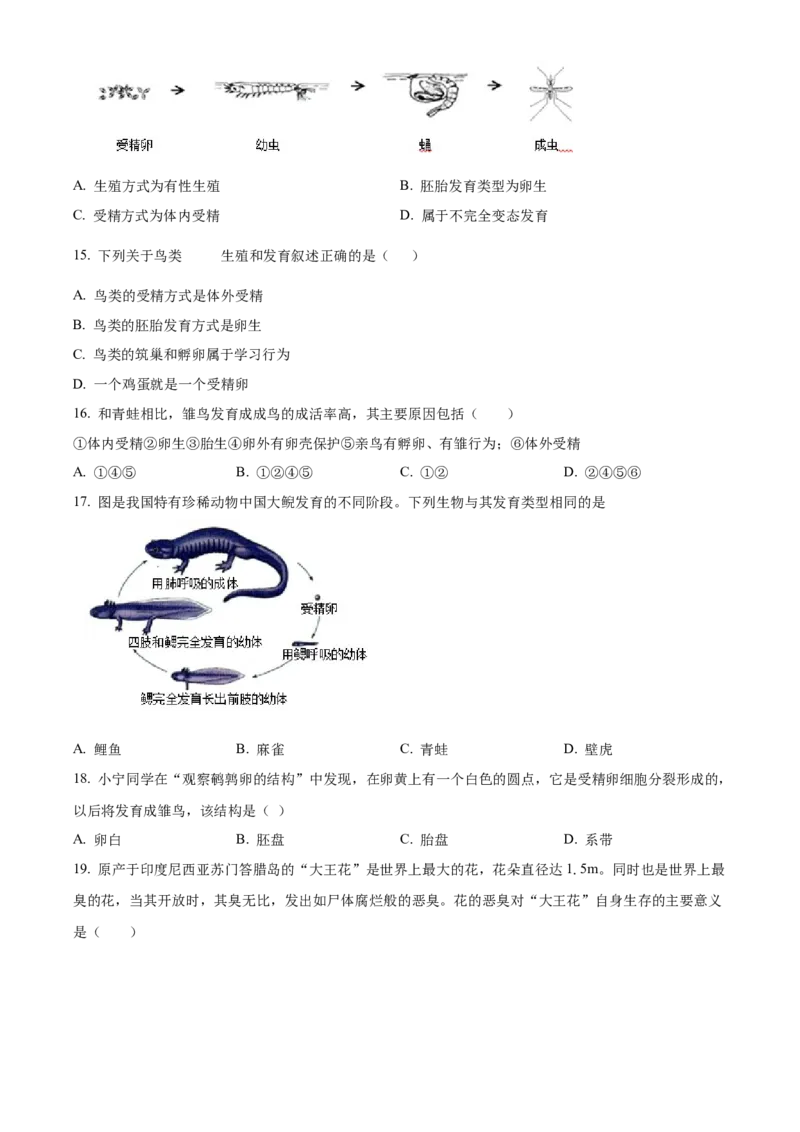 精品解析：北京市顺义区仁和中学2022年八年级上学期期中生物试题（原卷版）(1)_北京初中期末题_C605-京七八九_B京生物七八九_北京八上生物_2022-2023