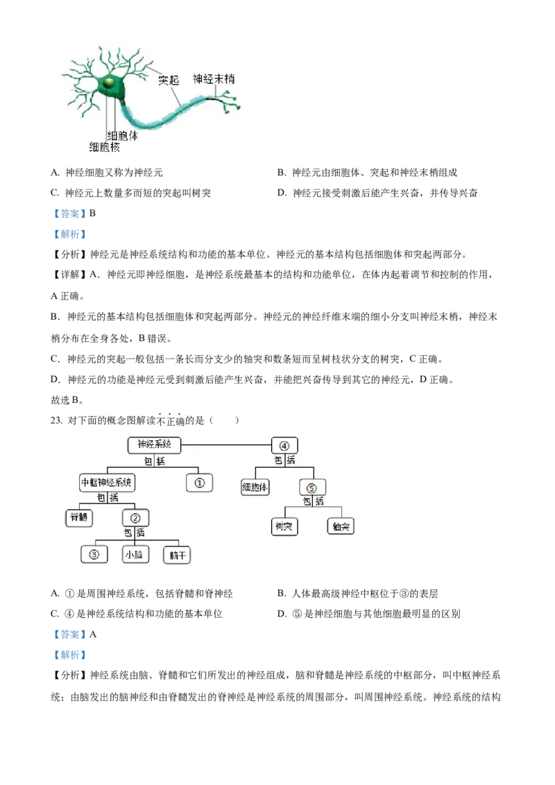 精品解析：北京市朝阳区2019-2020学年七年级下学期期末生物试题（解析版）(1)_北京初中期末题_C605-京七八九_B京生物七八九_北京7下生物_2019-2020