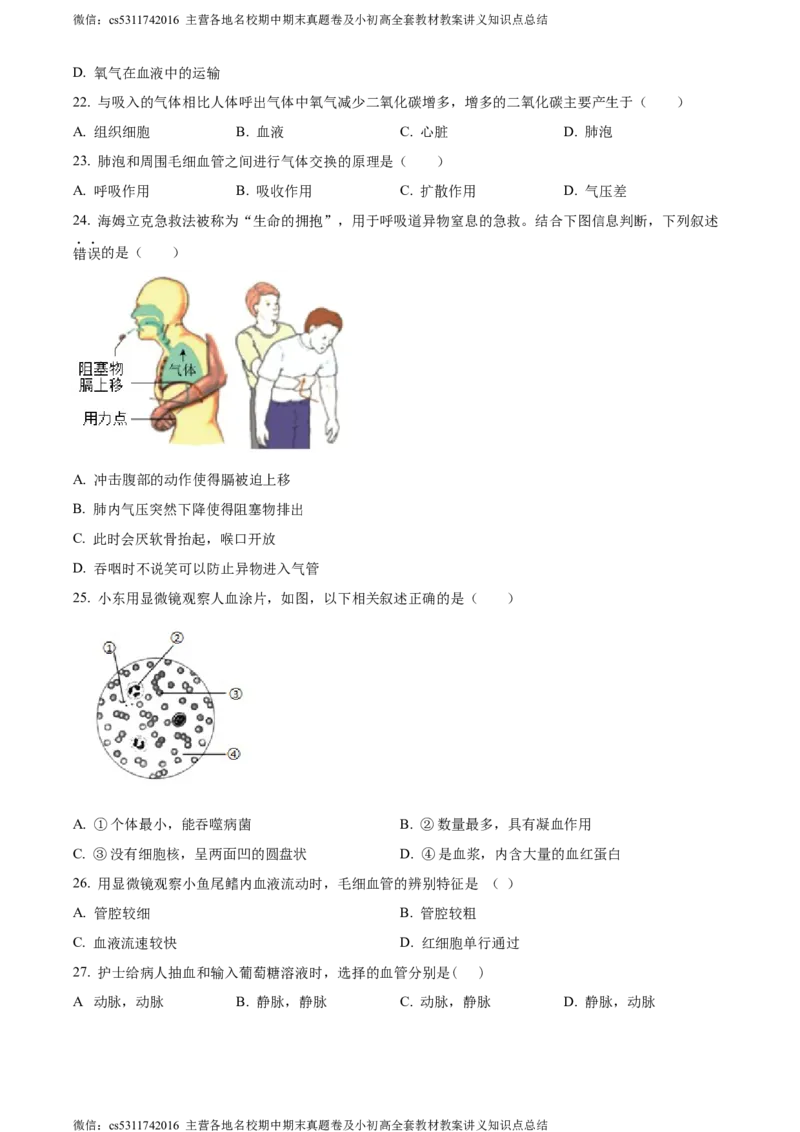 精品解析：北京师范大学附属中学2023-2024学年七年级下学期期中生物试题（原卷版）(1)_北京初中期末题_C605-京七八九_B京生物七八九_北京7下生物_2022-2024_北京生物7下期中