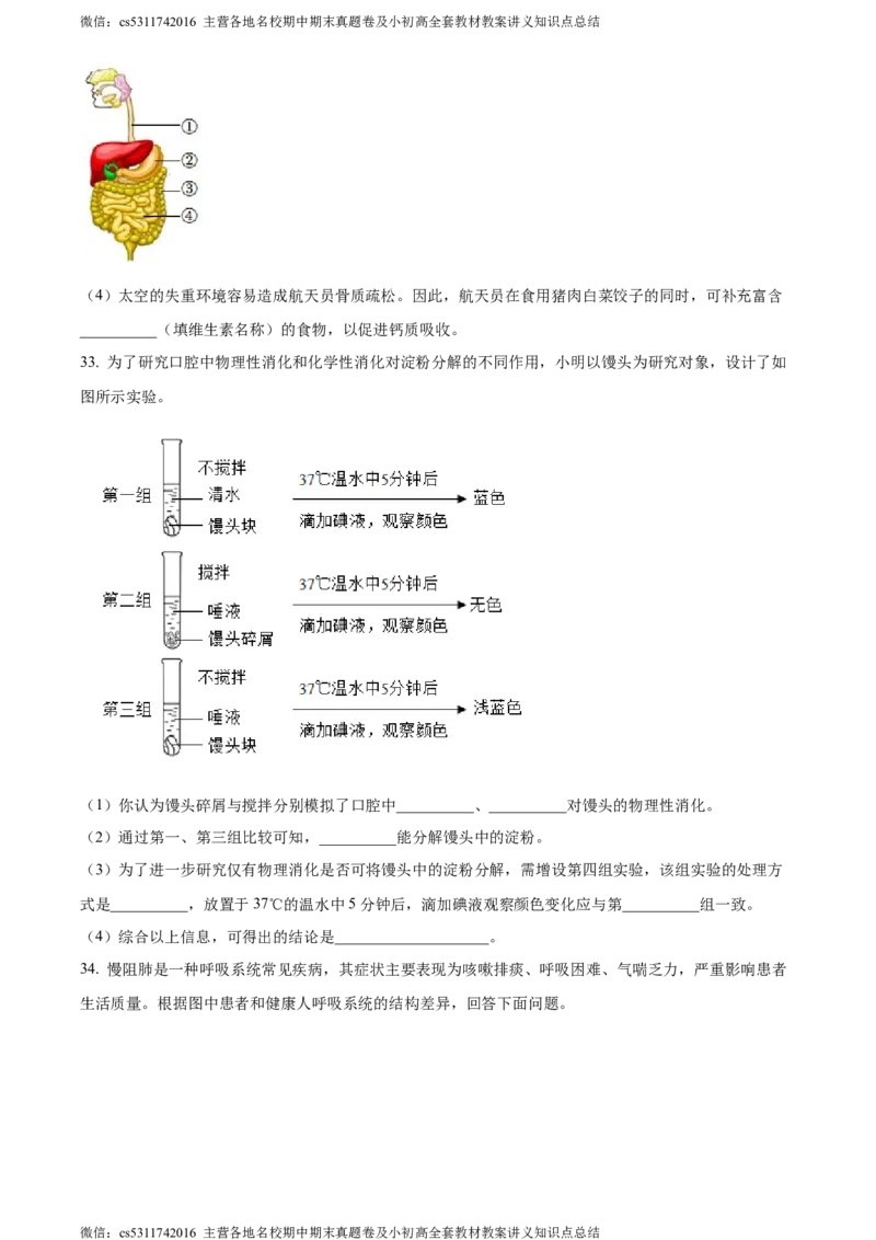 精品解析：北京师范大学附属中学2023-2024学年七年级下学期期中生物试题（原卷版）(1)_北京初中期末题_C605-京七八九_B京生物七八九_北京7下生物_2022-2024_北京生物7下期中