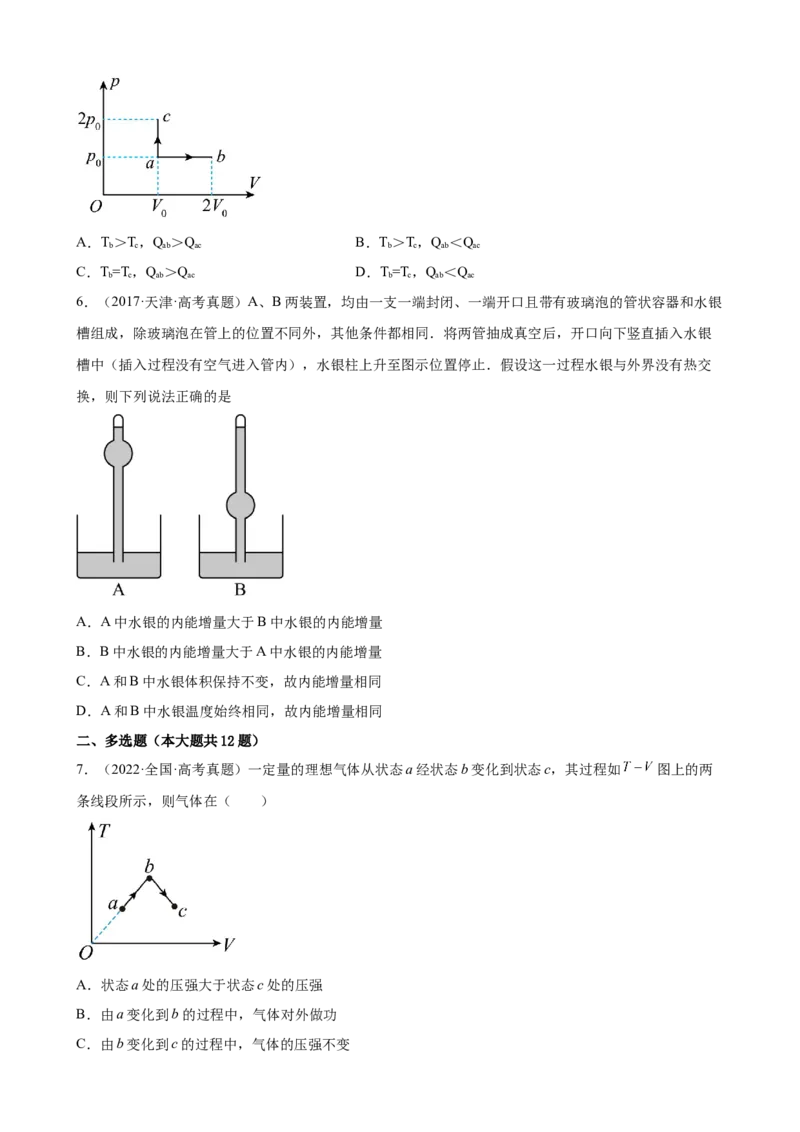 2017-2022年全国各地高考物理真题汇编：热力学定律_4.2025物理总复习_2023年新高复习资料_专项复习_2017-2022年近6年全国卷高考物理真题分类汇编（Word版含答案）